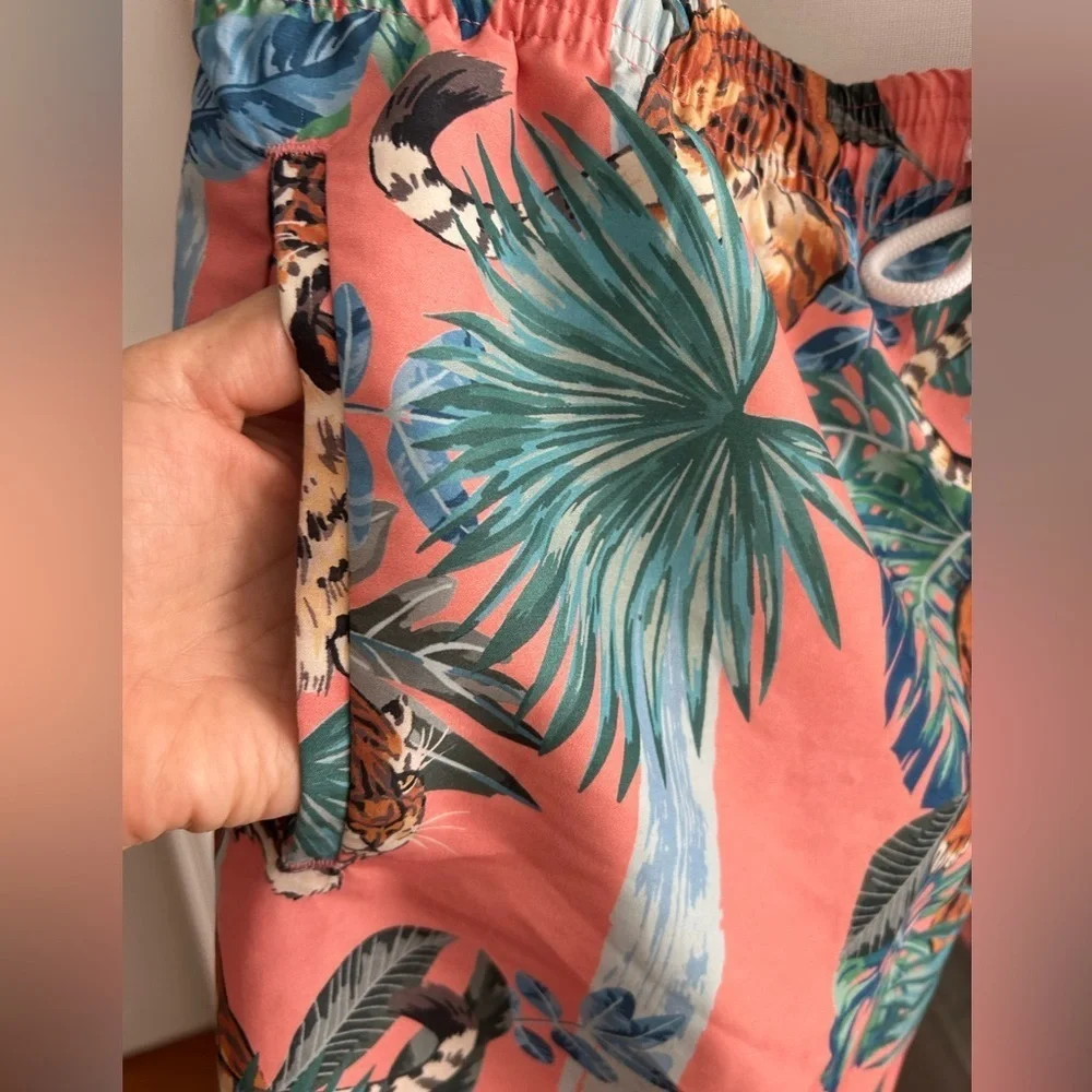 Top Man Pink Tiger Tropical  Swim Trunks Size S/M Beach Summer Hawaiian